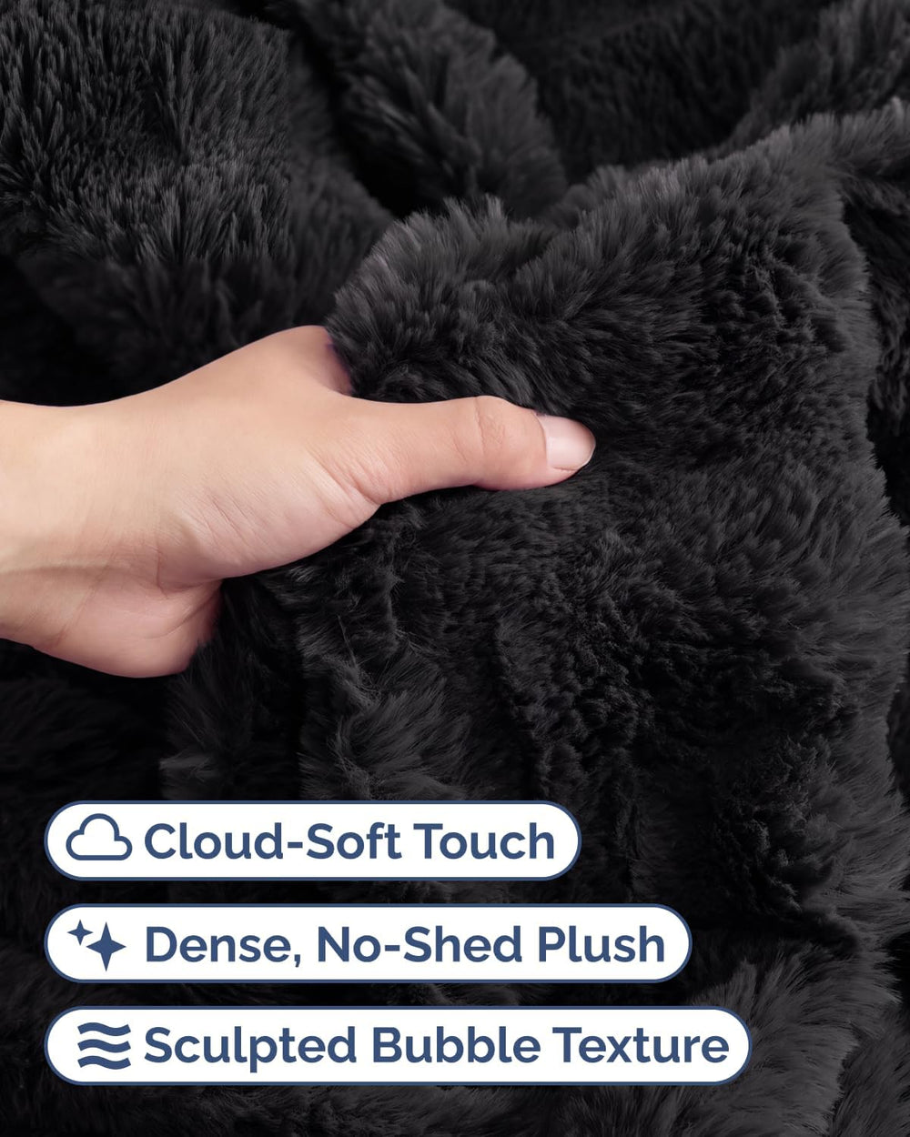 Faux Fur Throw Blanket - Throw Size Bubble Blanket - 50" x 60", Black