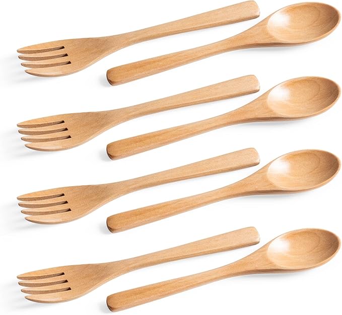8pcs 6.3inch Schima Wooden Utensil Set Including Spoons and Forks, Reusable by HEFILD