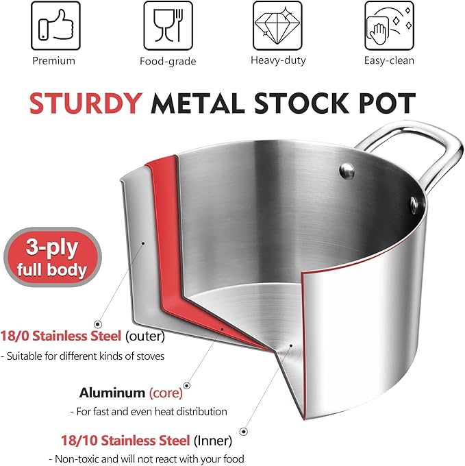 P&P CHEF 5 Quart Tri-Ply Stainless Steel Stock Pot, 5 Qt Stockpot Pasta Cooking - Image 4