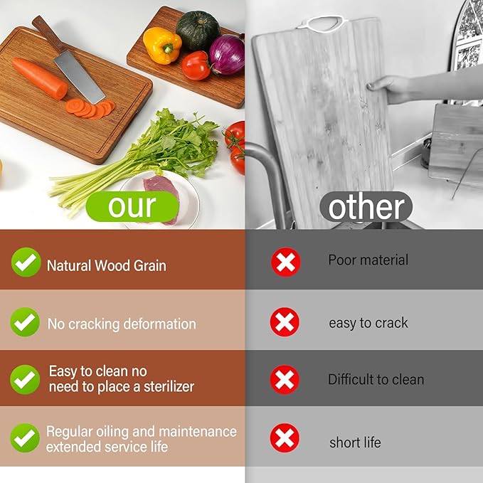 Solid Teak Wood Cutting Board Set One Piece Non Glued Large Thick Crack - Image 5