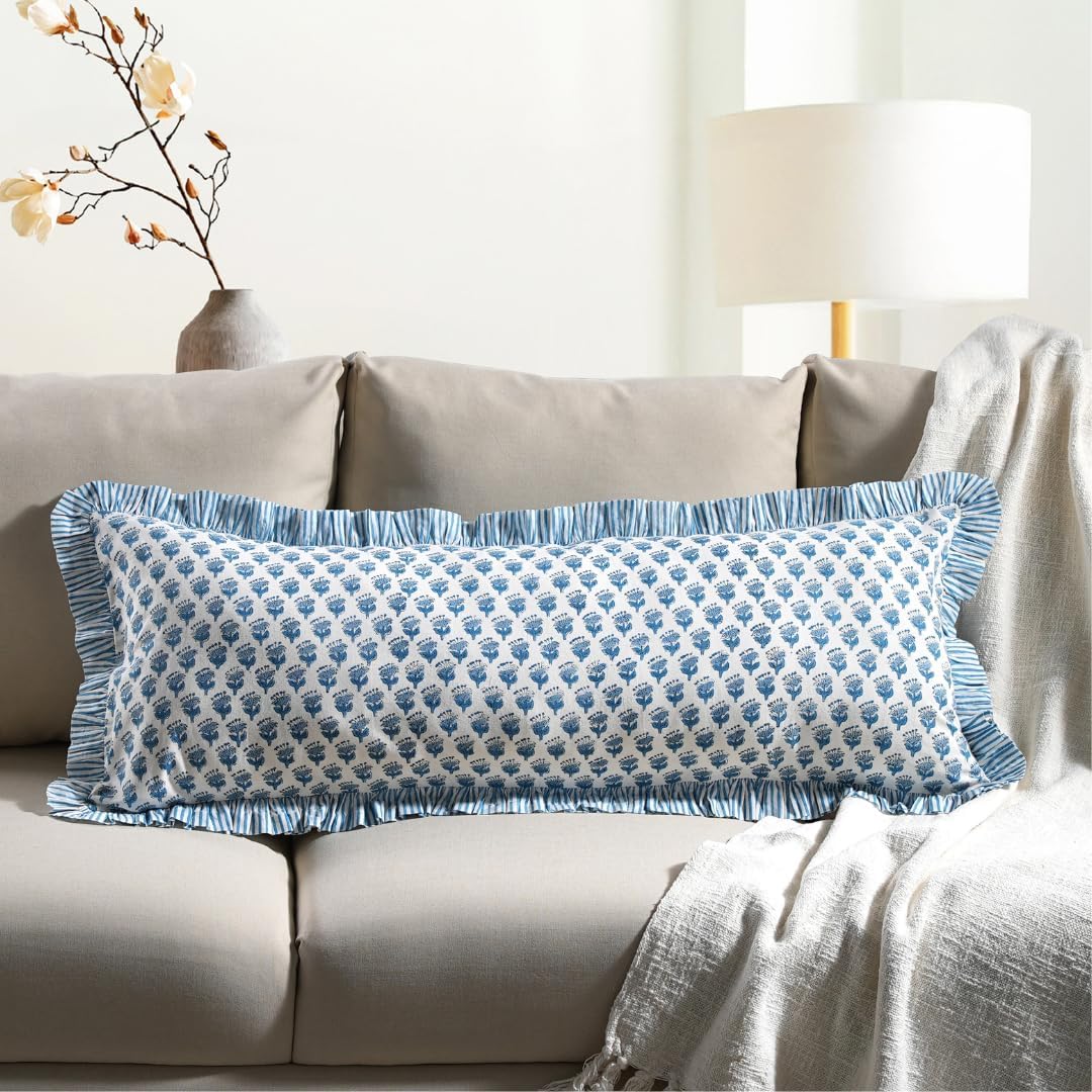 cpc apatite blue block print ruffle sham pillow, main product view