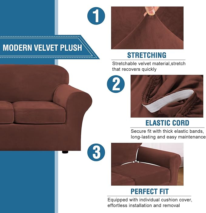 H.VERSAILTEX Modern Velvet Plush 4 Piece High Stretch Sofa Slipcover Sofa Cover - Image 3