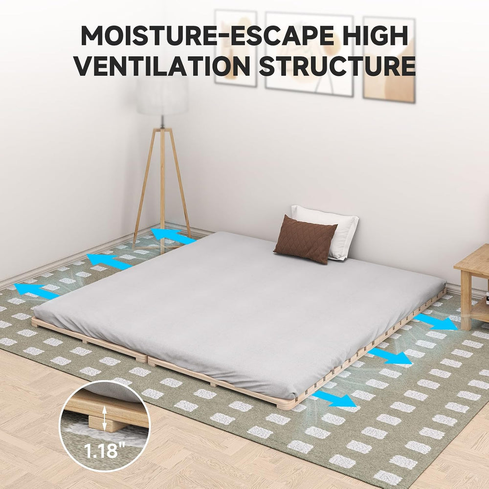 King Size Foldable Floor Bed Frame, Solid Wood Slat Base for Futon Mattress