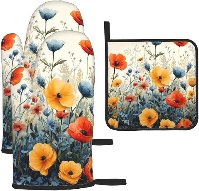 Colorful Wildflower Oven Mitts and Pot Holders Set of 3, Heat Resistant Non by Unknown