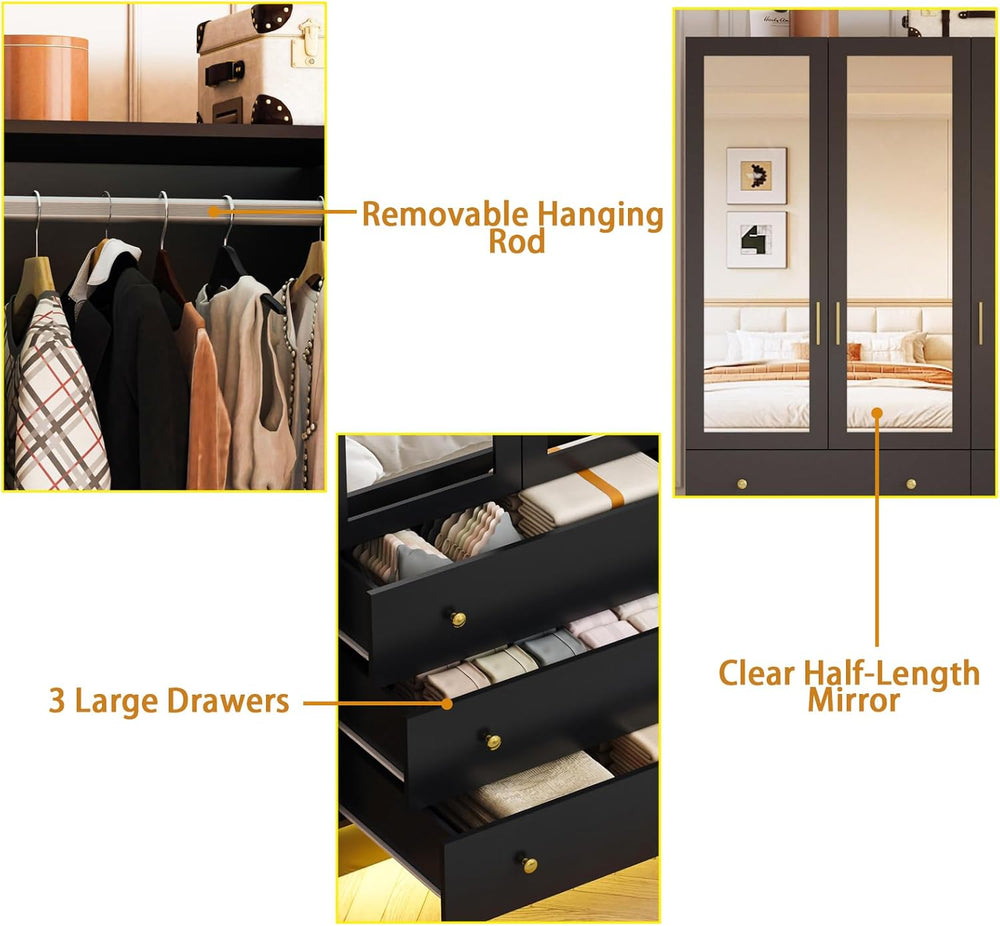 3 Doors LED Armoire Wardrobe Closet with Mirror, 75" Tall Modern Wooden ...