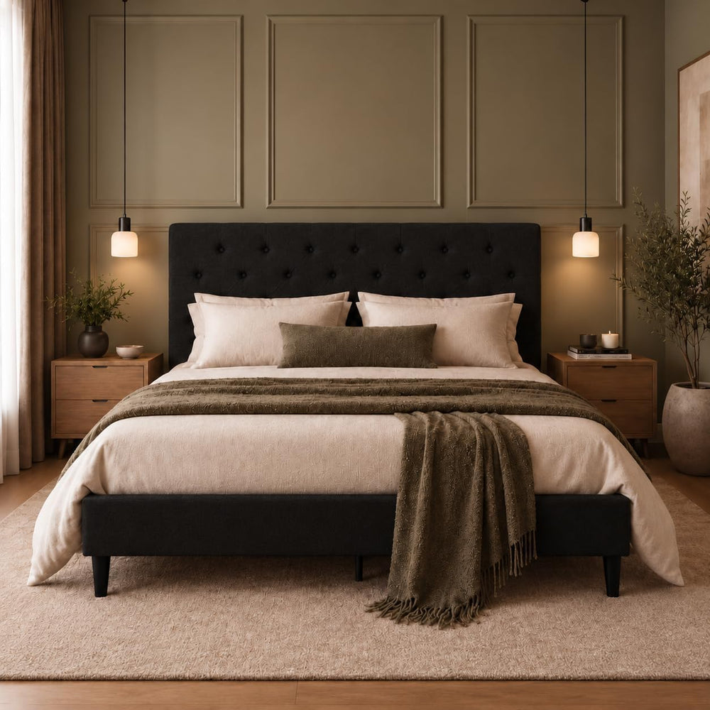 Full Size Platform Bed Frame with Button Tufted Headboard,Black