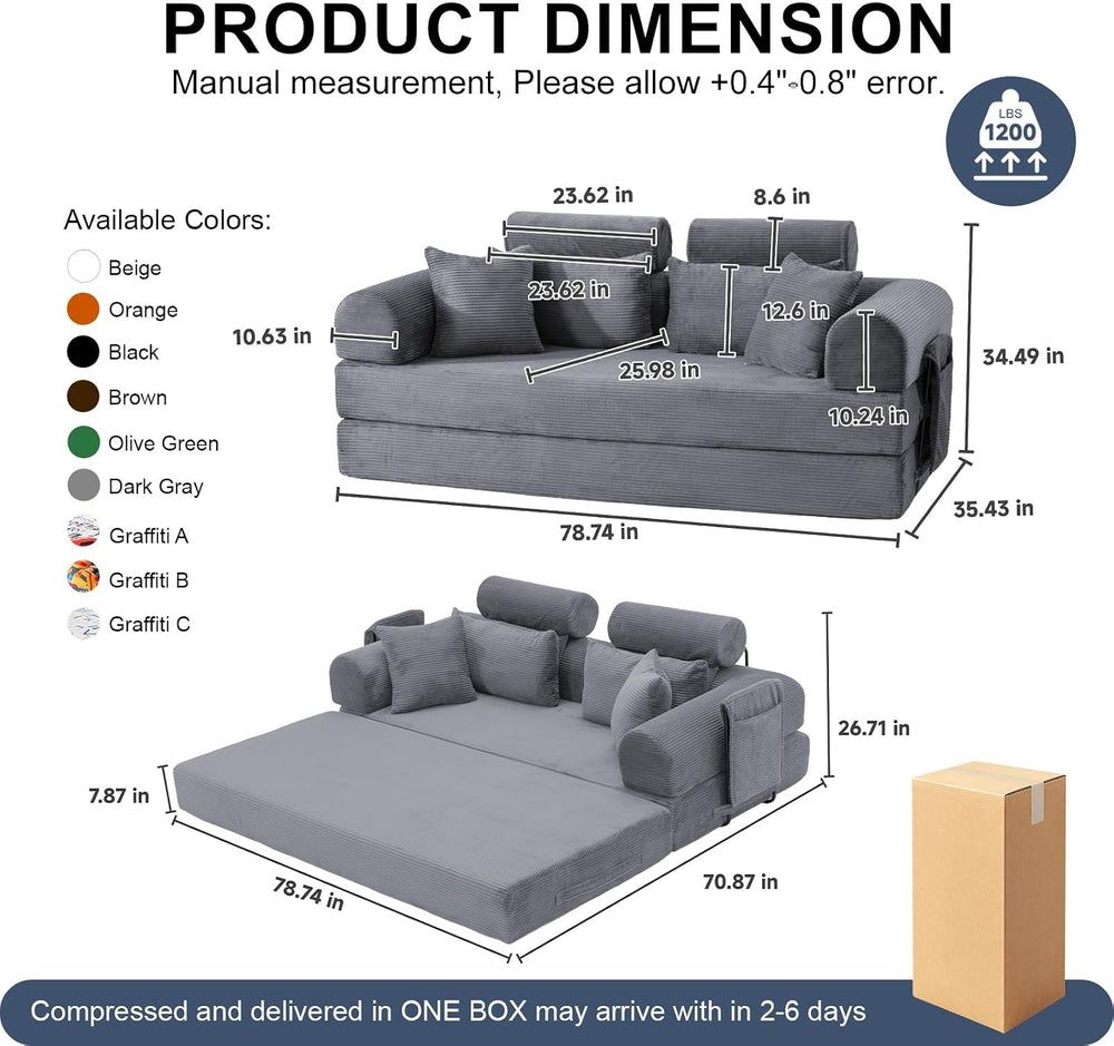 79" Convertible Futon Sofa Bed,High Back Boneless Couch for Living Room