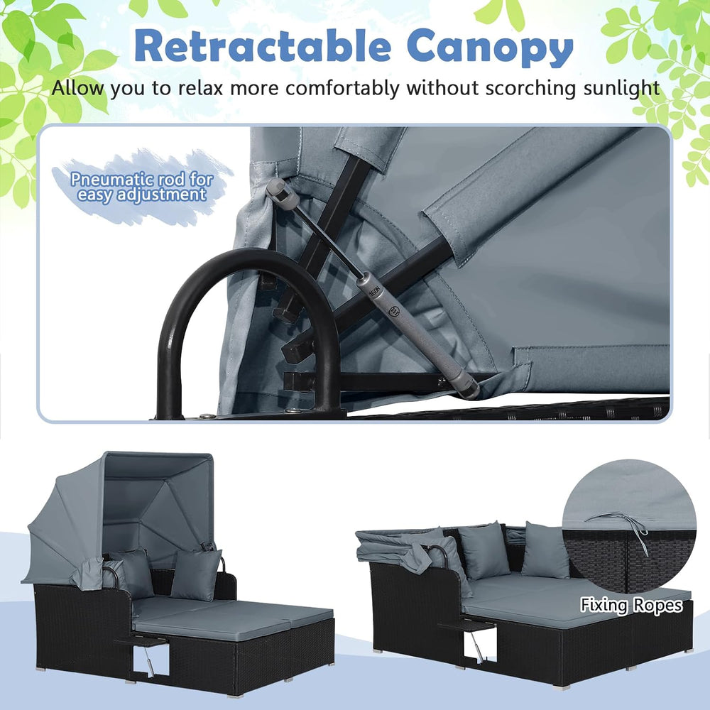 Moccha Outdoor Daybed with Retractable Canopy, Wicker Cabana with 2 Side Tabl...