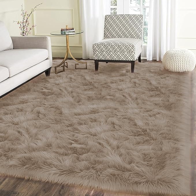 Latepis Light Brown Beige Living Room Rugs Faux Sheepskin Fur 5x7 Area Rugs by Latepis