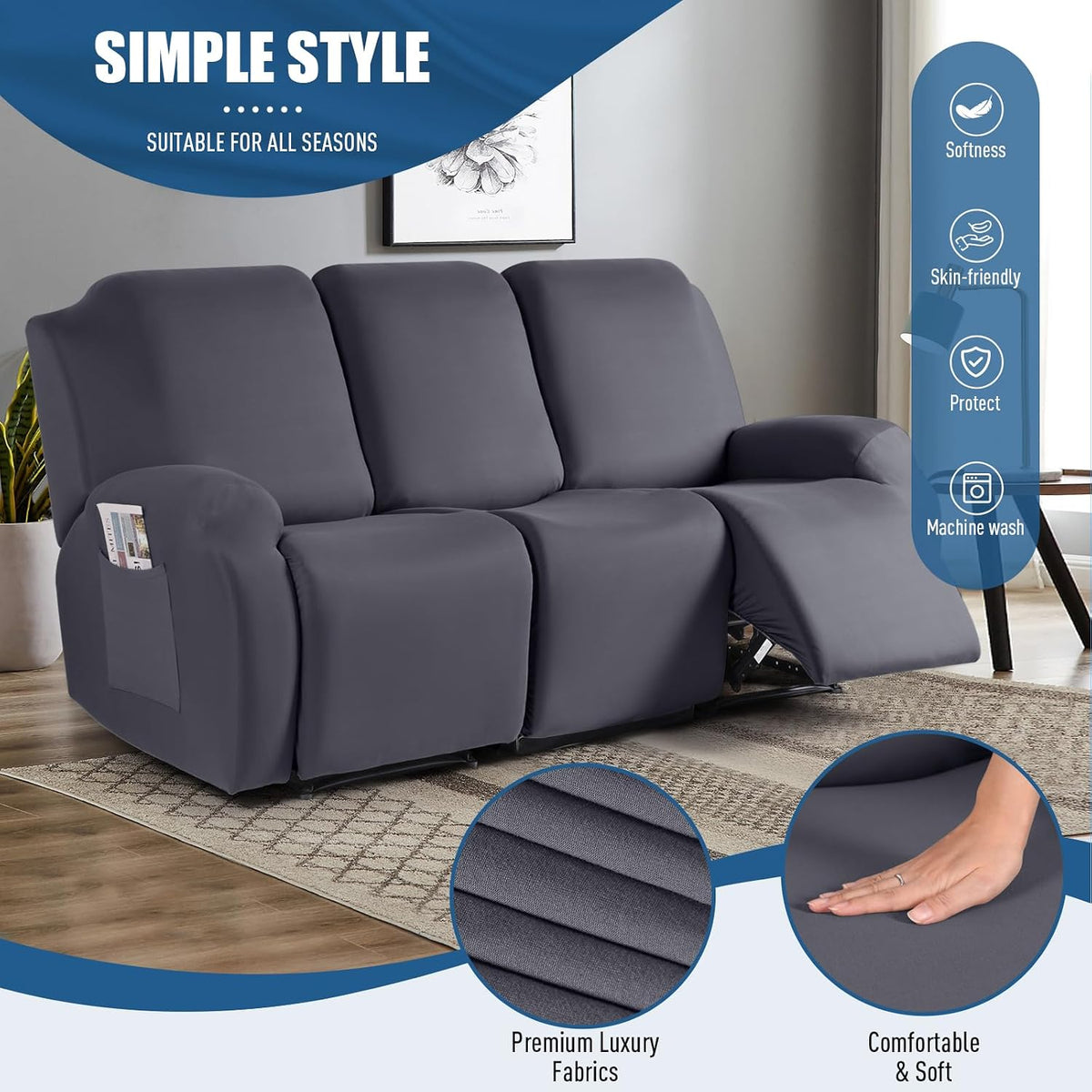 taococo recliner sofa slipcover, 3 pieces polyester fabric shown in use