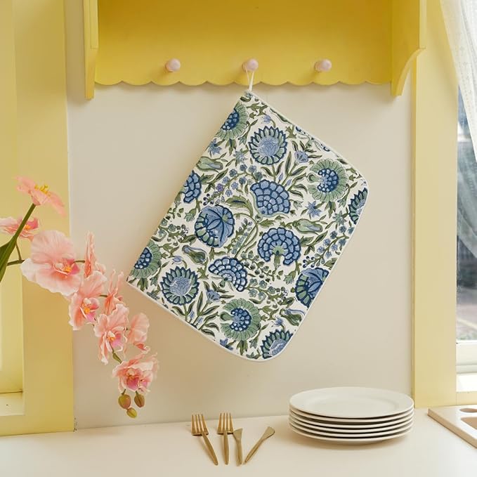 Vintage Blue Sage Green Floral Dish Drying Mat 18 x 24 Inch Boho Floral Drying - Image 3
