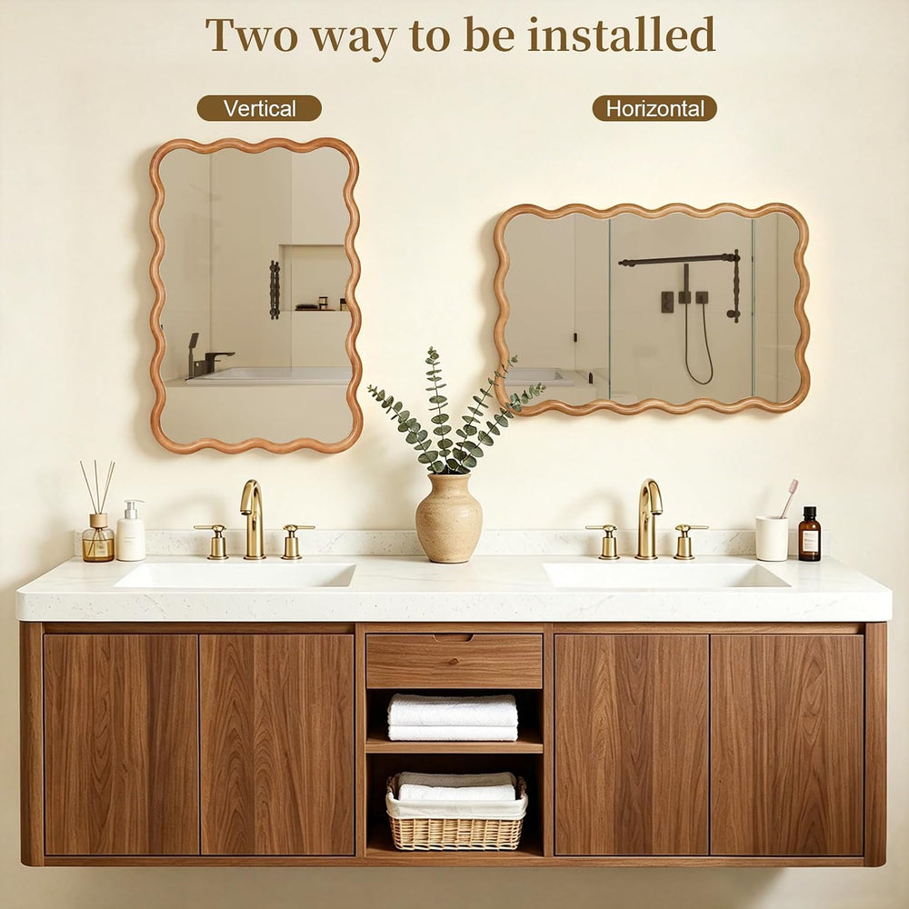 HOMECOOKIN 24"x36" Wavy Wood Mirror, Rectangular Wall Mirror with N...