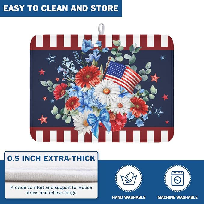 4th of July Dish Drying Mat for Kitchen Counter Patriotic Red Blue and White - Image 5