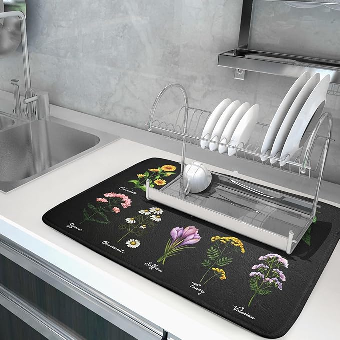 Black Flower Herbs Dish Drying Mat 18x24 Inch Botanical Floral Microfiber - Image 5