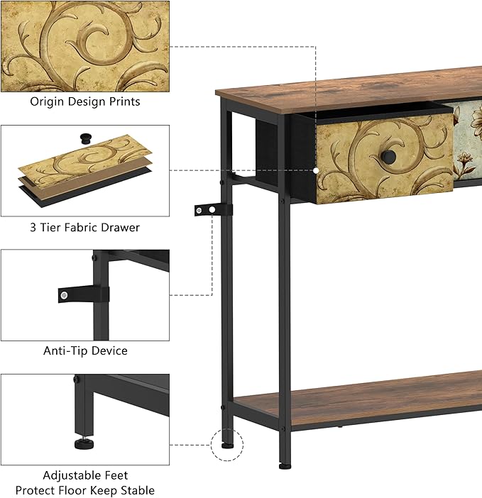 Tohomeor Entryway Console Table with 3 Retro Flowers Fabric Drawers Boho Narr...