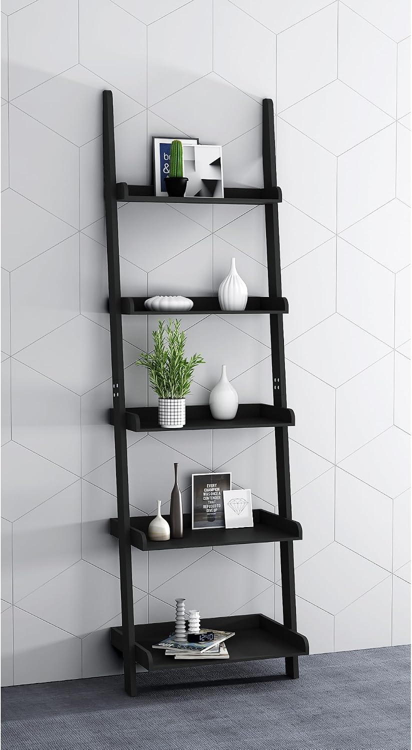 Modern 5 Tier Leaning Wall Ladder Bookshelf, Black, 70 Inches | Storage Rack,...
