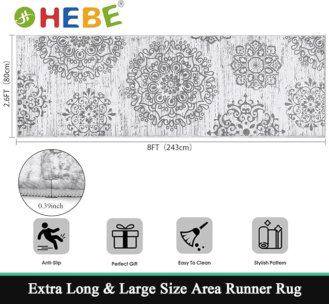 HEBE Hallway Runner Rug 2'8''x8' Washable Vintage Distressed Area Rugs Non Slip - Image 2