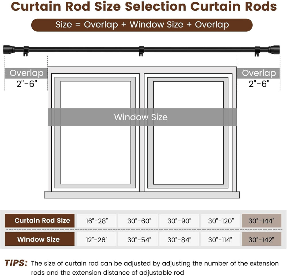 Curtain Rods 30 to 144 Inch 2 Pack Heavy Duty Adjustable Matte Black Rod