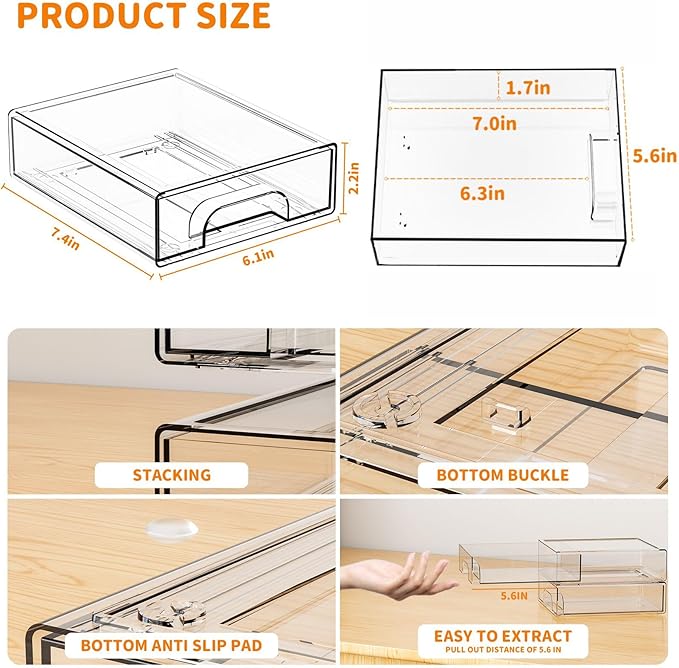 Yieach 2.2'' Tall Small Clear Stackable Storage Drawers, 6 Pack Stacking - Image 3