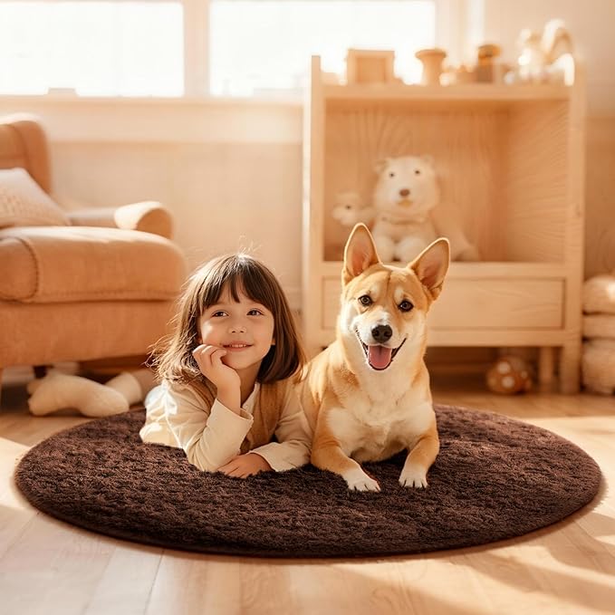 Ophanie Round Rug 4Ft Brown Circle Area Rug, Fluffy Fuzzy Small Bedroom Carpet - Image 3