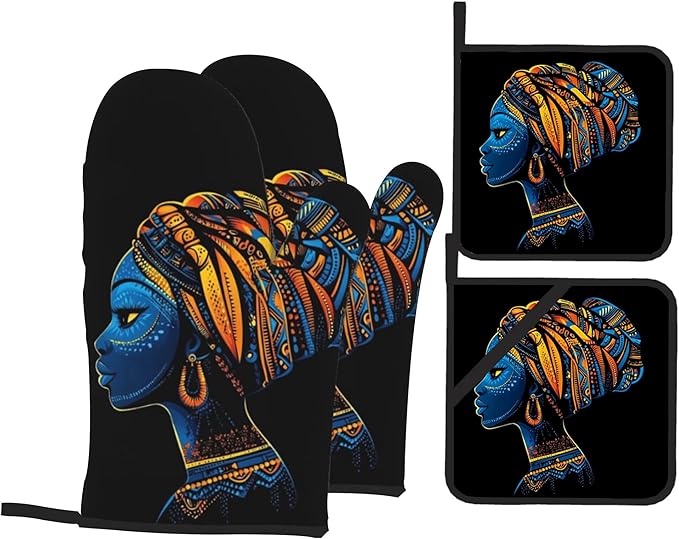 Black Women Oven Mitts & Potholder Set of 4 by Unknown