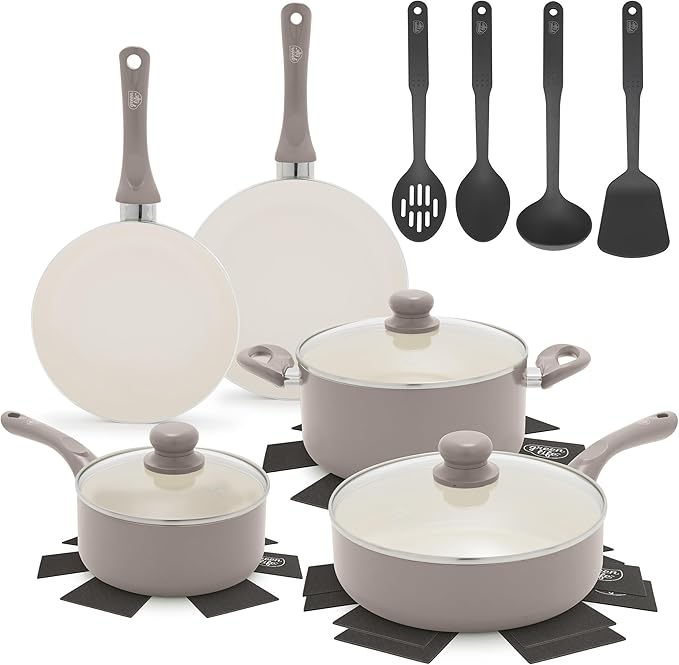 GreenLife 16-Piece Nonstick Cookware Set, Non-Toxic Ceramic Pots and Pans Set by GreenLife