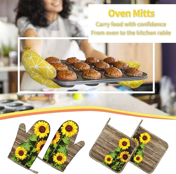 Sunflower Wooden Retro Oven Mitts and Pot Holders Sets of 4, Heat Resistant - Image 7