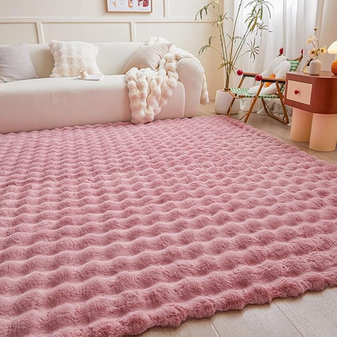 Pink Rabbit Plush Rug 6'x9', Fluffy Faux Fur Shaggy Area Rug - Image 5
