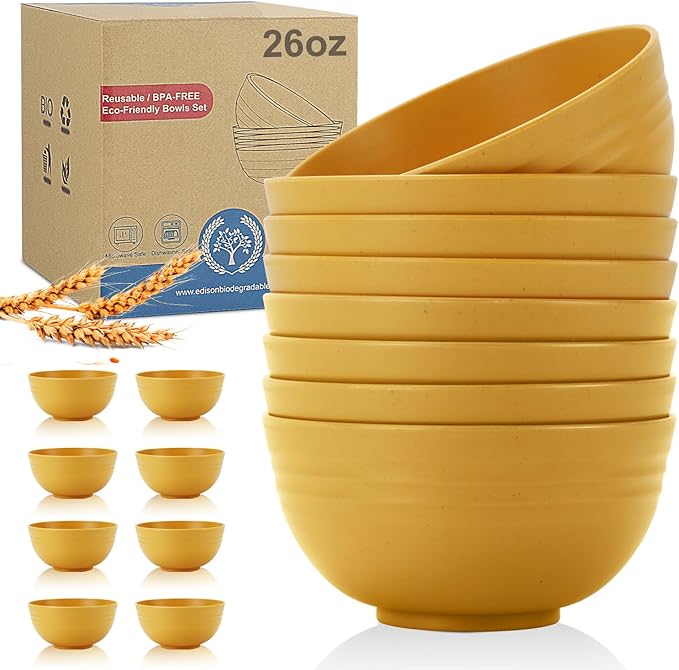 Wheat Straw Bowl Set of 8, Unbreakable Cereal Bowls 26 OZ, Freezer and by WROVA