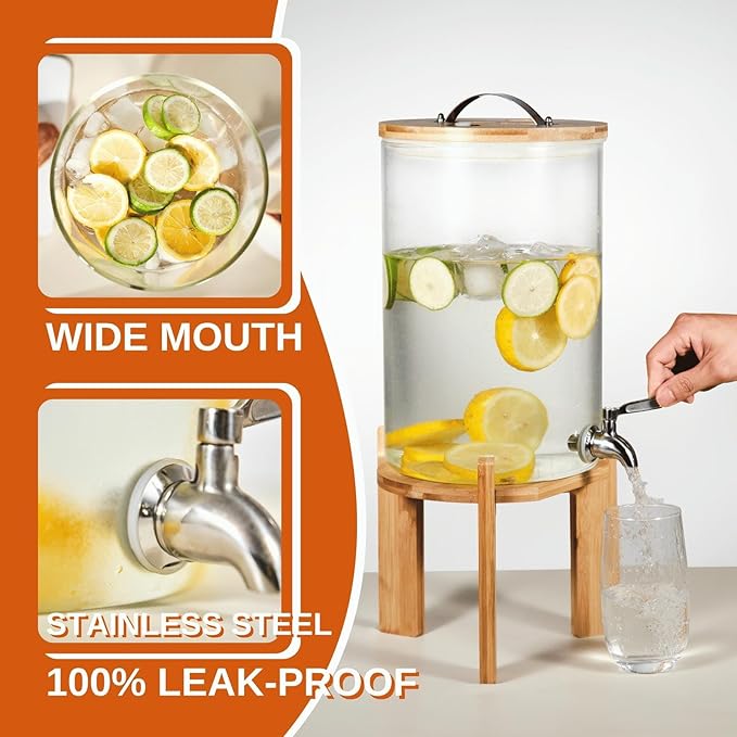 Glass Beverage Dispenser with Bamboo Stand and Lid, Iced 2.1 Gallon Drink - Image 2