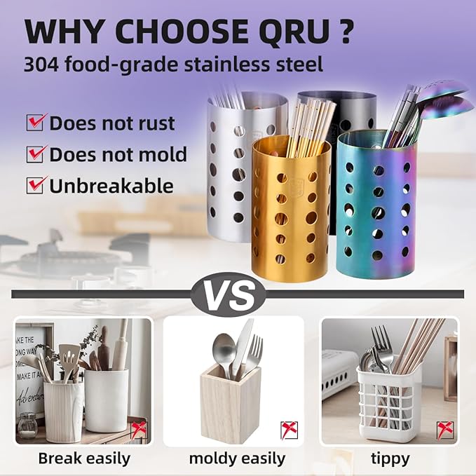 QRU Kitchen Utensil Holder for Countertop, Stainless Steel Cooking Utensil - Image 2