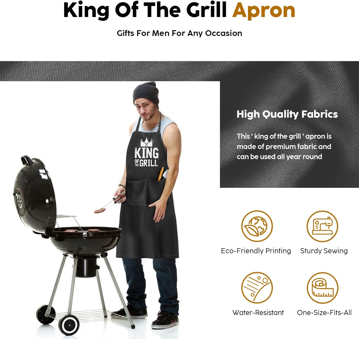 Kitchen Apron Gift for Men, BBQ Grilling Apron with 2 Pockets, Funny Birthday Christmas for Father Dda Husband Boyfriend, Water & Oil Resistant Protective Fabric, Adjustable Professional Chef Apron