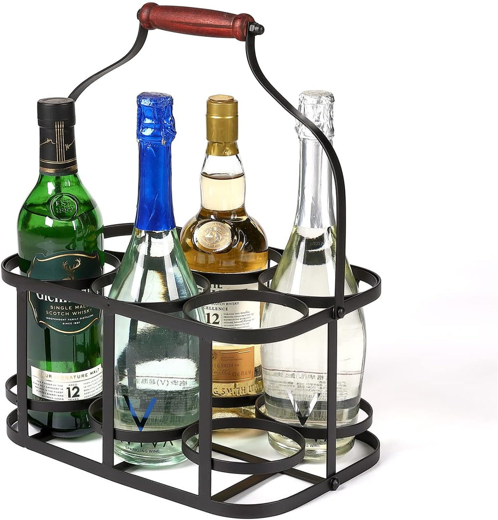 Metal Wine Bottle Carrier 6 Bottle Wine Carrier with Wood Handle (Black) | Fa...