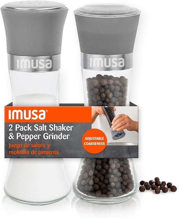 IMUSA Salt Shaker and Pepper Grinder Set – 2 Pack Glass Salt Shaker and Pepper by BestBrands