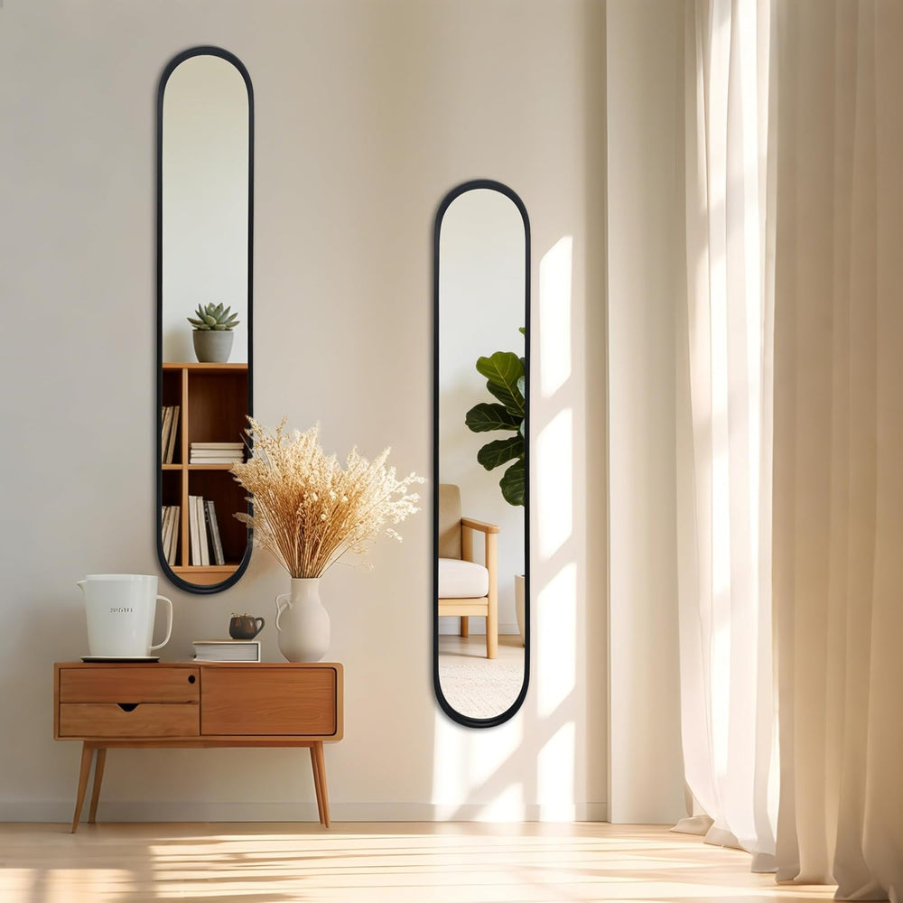Black Full Length Oval Mirror, 2-Pack Narrow Capsule Long Mirrors with Metal ...