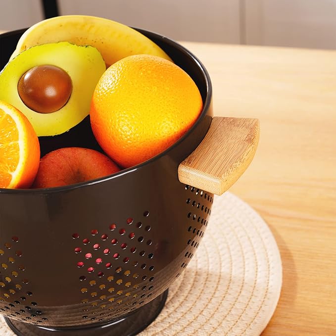 Metal Colander with Wood Handle and Stable Base, Powder Coated Steel Kitchen