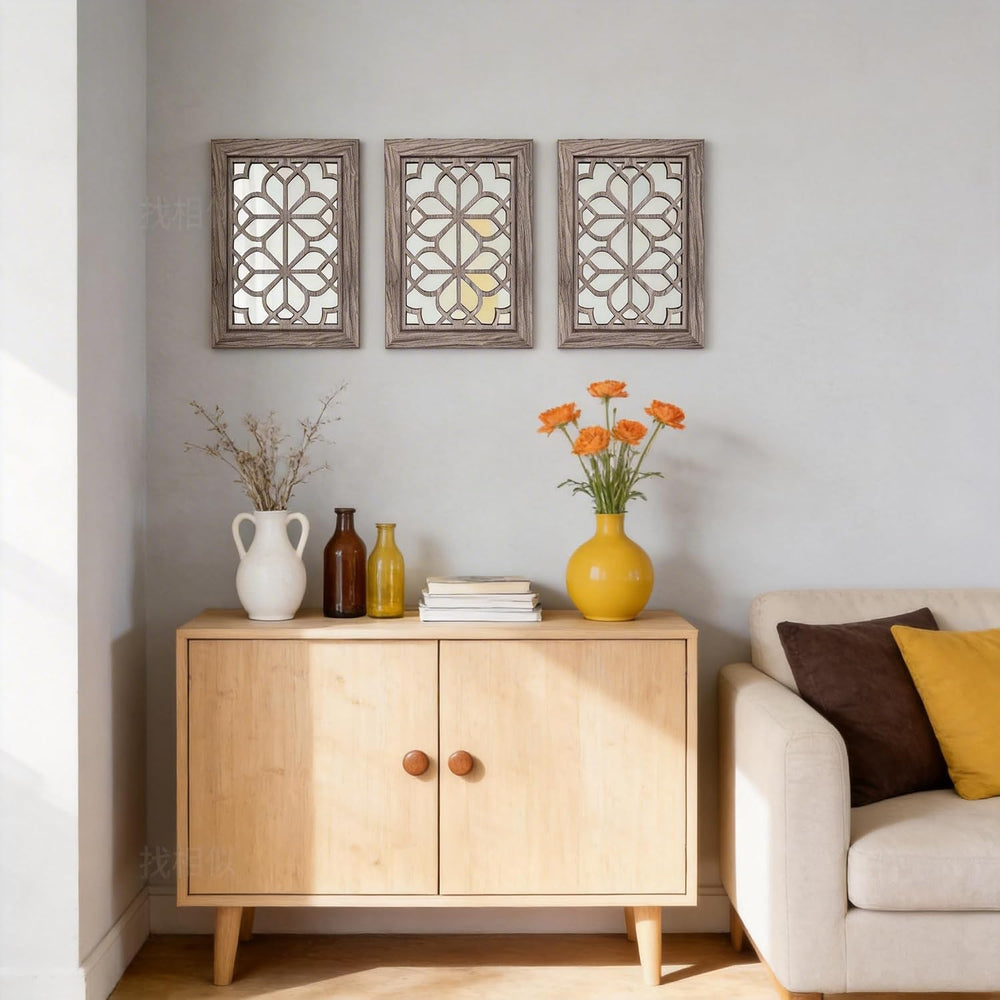 Set of 2 11x15 Inch Rectangular Shatterproof Brown Decorative Wall Mirrors, B...
