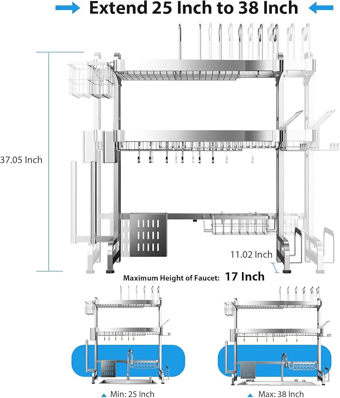 Over The Sink Dish Drainer Drying Rack, Full Stainless Steel 3-Tier Adjustable - Image 3