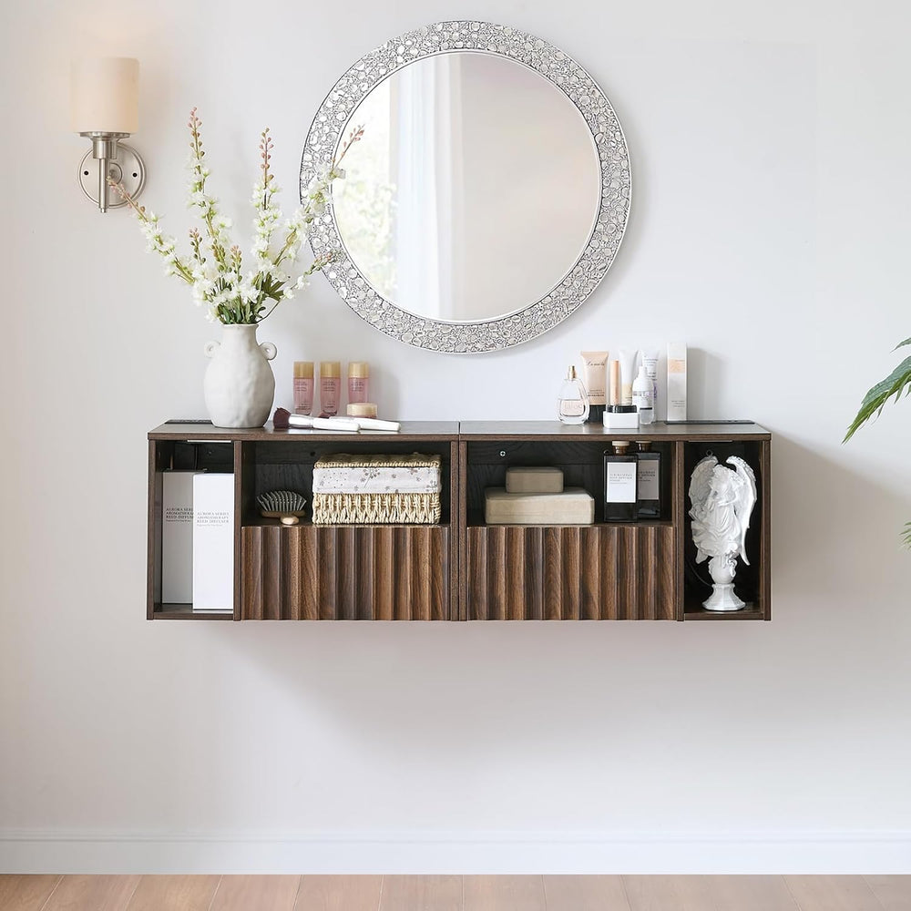 BuildHom Floating Nightstand Set of 2 with Charging Station, Walnut | Wall Mo...