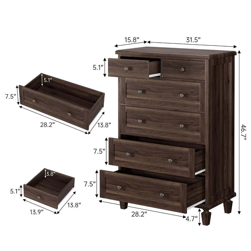 Garvee 6 Drawer Dresser for Bedroom, 47" Vintage Dresser, Dark Brown
