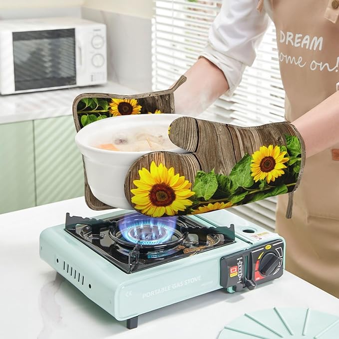 Sunflower Wooden Retro Oven Mitts and Pot Holders Sets of 4, Heat Resistant - Image 5