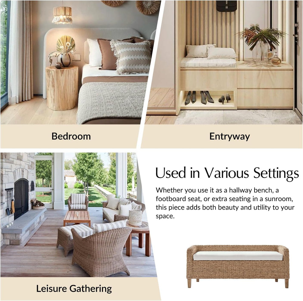 HULALA HOME 57" Rattan Storage Bench, Boho Wicker Bedroom Bench, Natural