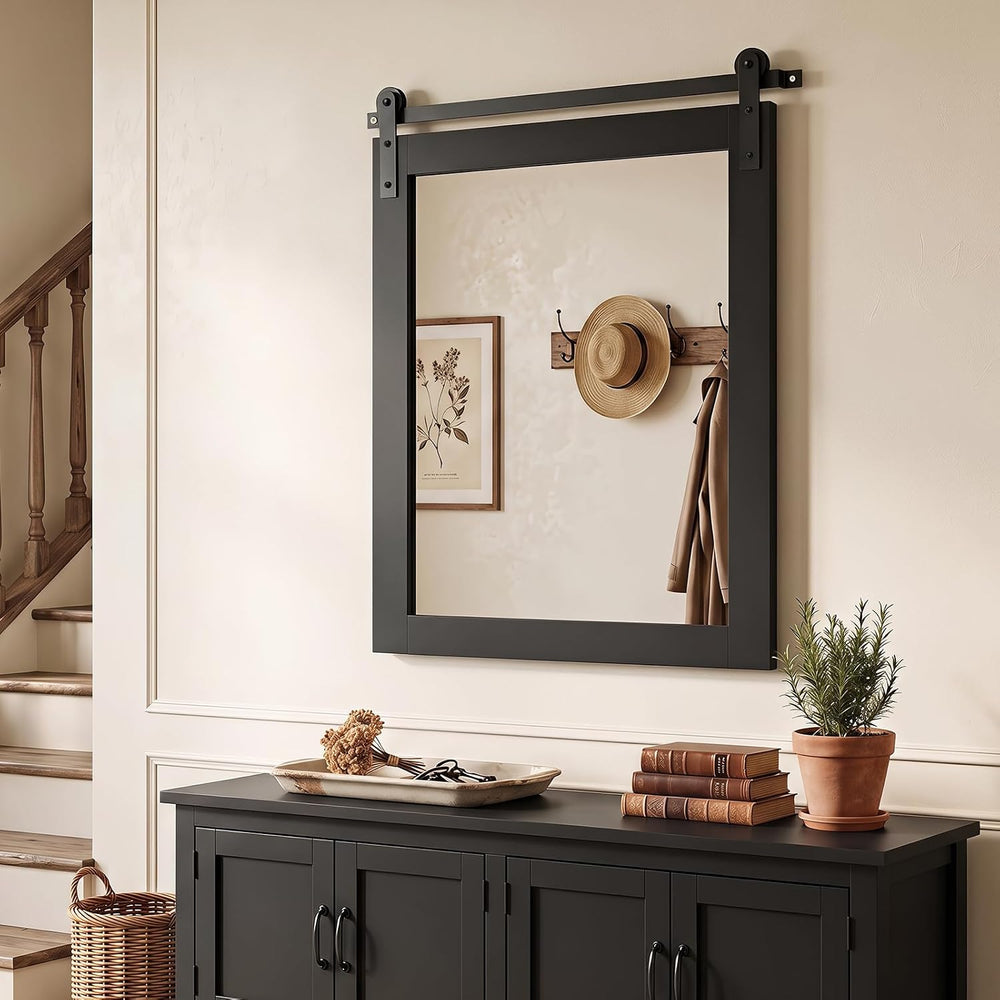 CHARMAID Farmhouse Barn Door Wall Mirror for Bathroom, 29"x23", Black