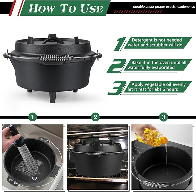 5QT Cast Iron Dutch Oven with Stainless Steel Scrubber, HaSteeL 2-In-1 - Image 8