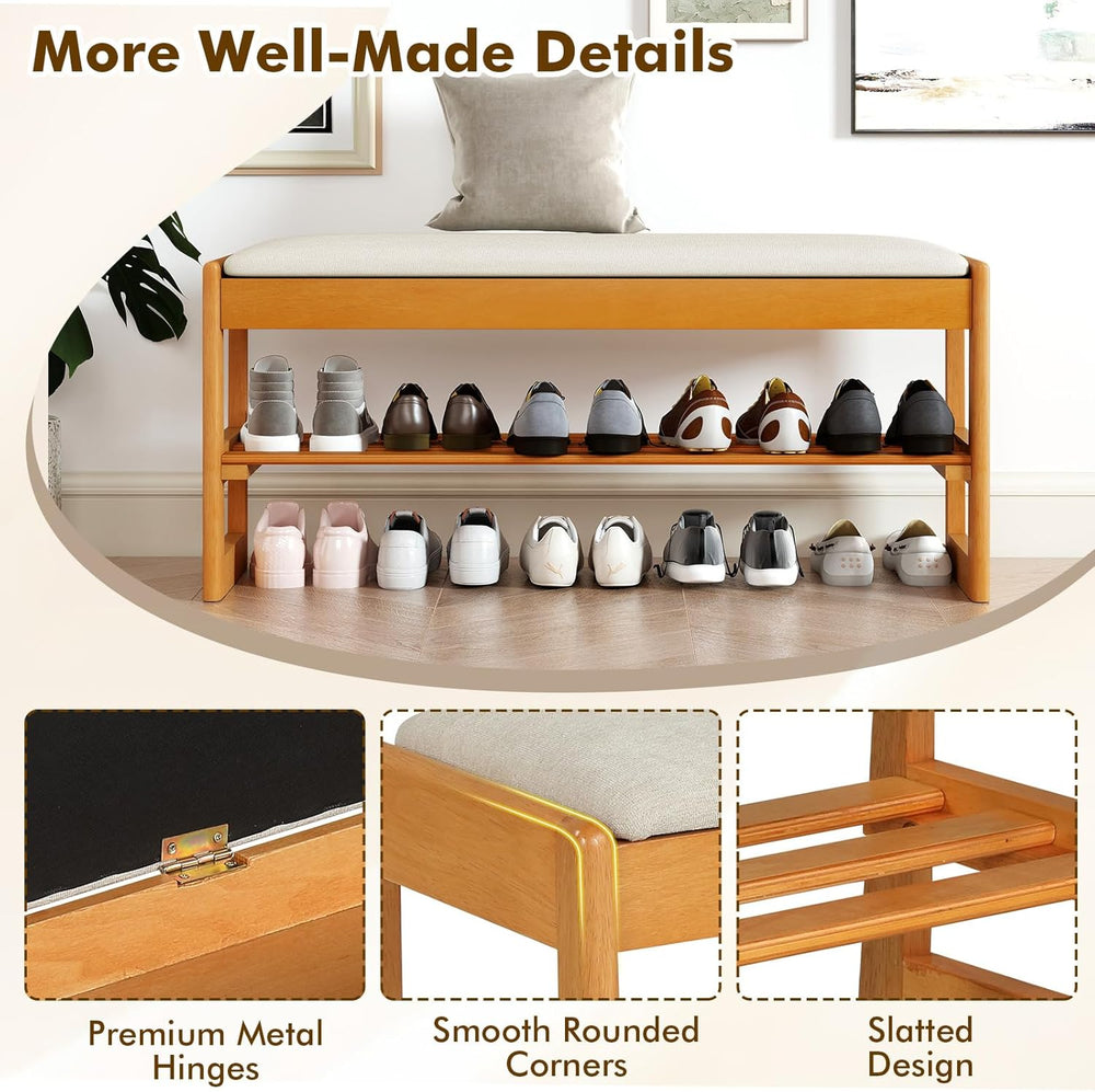 Giantex Shoe Rack Bench with Storage, Rubberwood Entryway Bench with Linen Se...