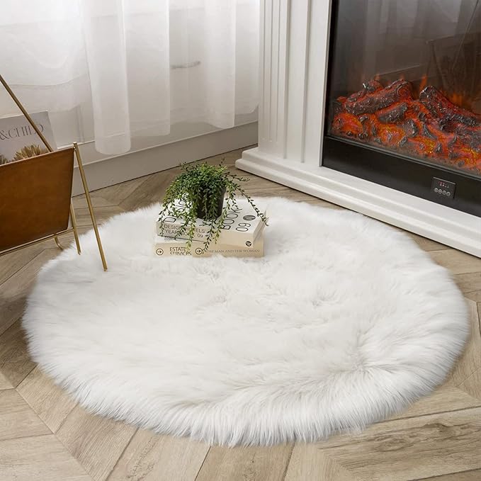 Latepis White Round Rug 5ft Faux Fur Sheepskin Circle Rug - Image 2