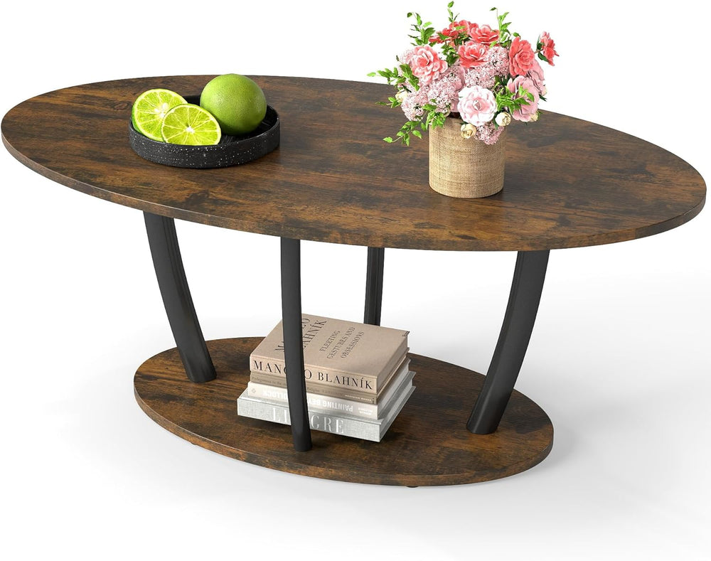 Manora Rustic Small Oval Coffee Table for Living Room, Narrow Wood Center Tab...
