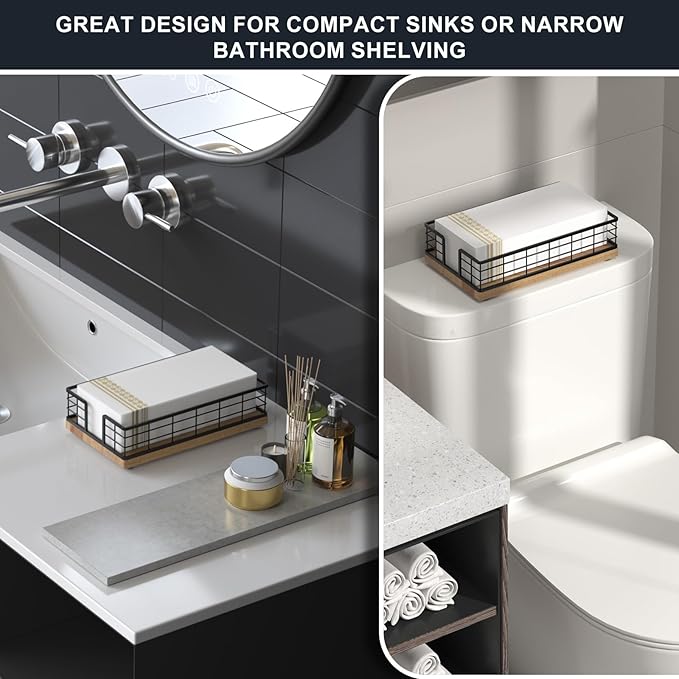 Wican Guest Towel Holder Tray for Bathroom, Acacia and Iron Napkins Holder for - Image 2