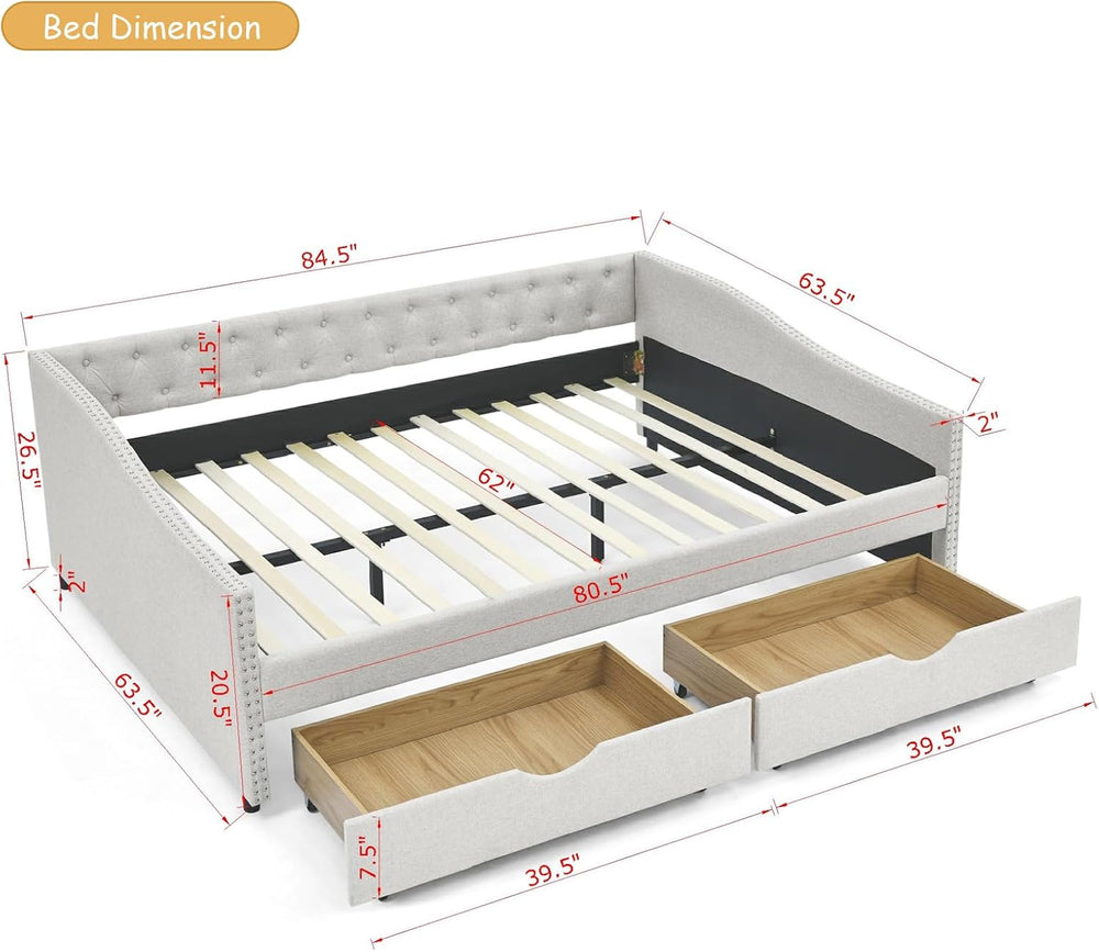 Wood Queen Size Daybed, Day Bed Frame with 2 Storage Drawers, Upholstered Bed...