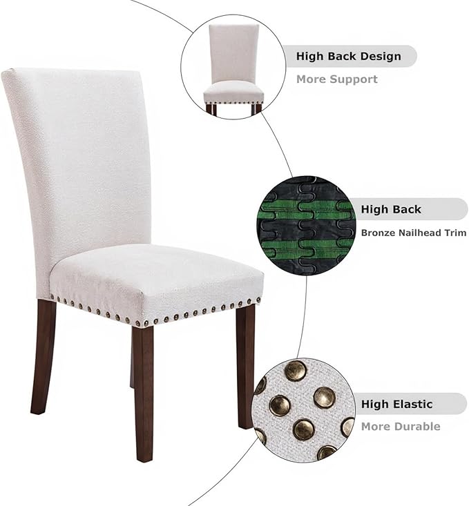 Set of 6 Beige Upholstered Dining Chairs – Farmhouse Kitchen Chairs with High...
